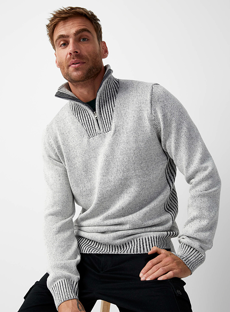 Le 31 Light grey Zip-neck two-tone sweater for men