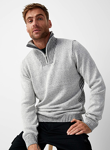 Le 31 Light grey Zip-neck two-tone sweater for men