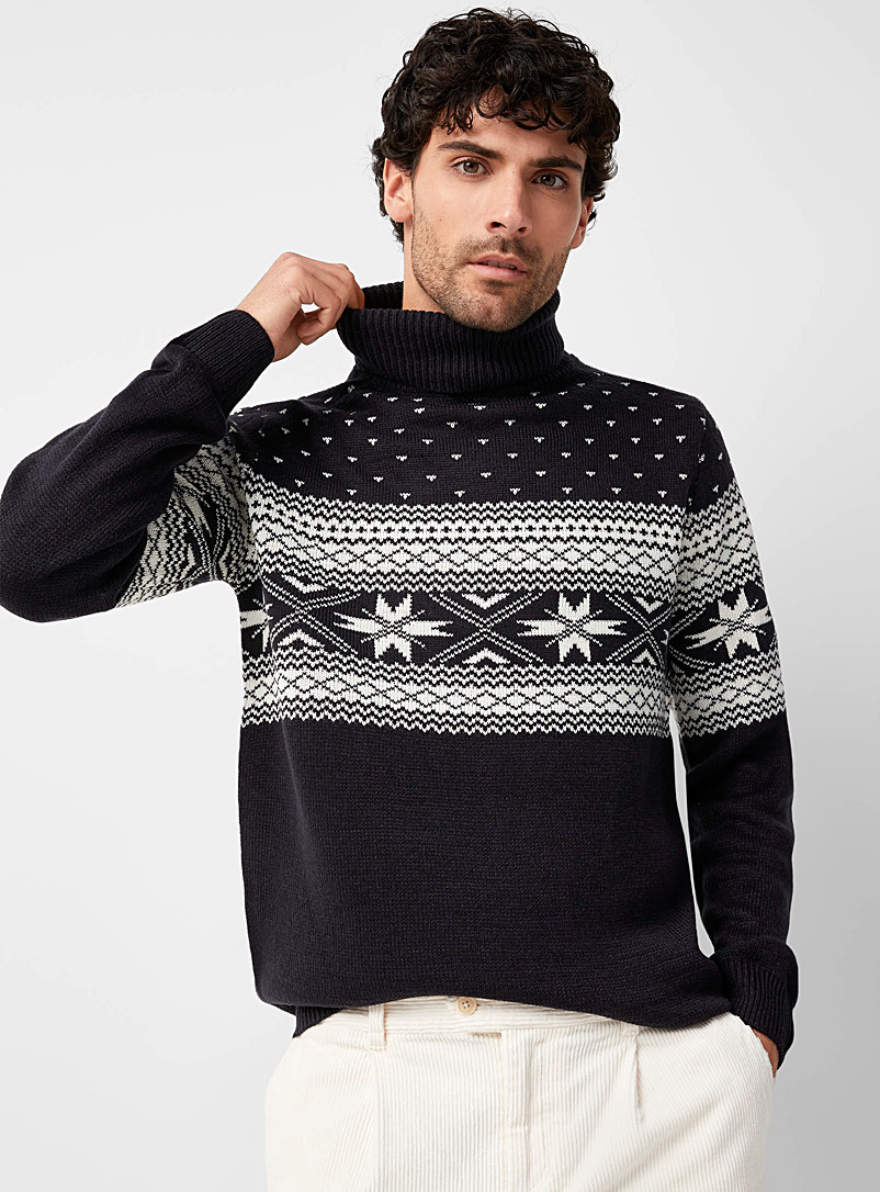 Le 31 Black and white Snowy jacquard turtleneck sweater for men