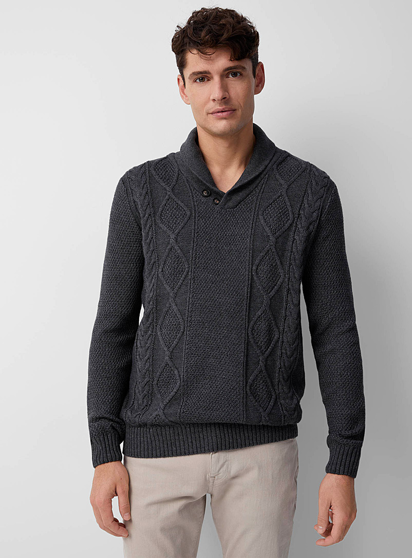 Le 31 Charcoal Embossed knit shawl-collar sweater for men