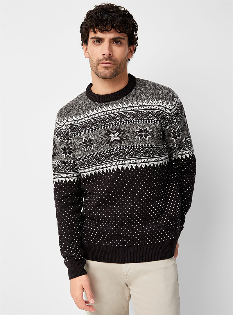 Le 31 Patterned Black Nordic jacquard sweater for men
