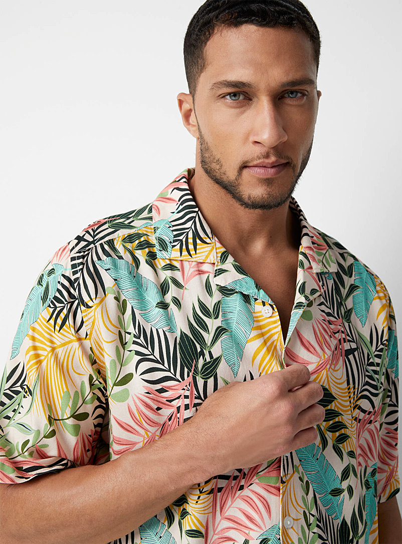 Le 31 Patterned White Tropical foliage pastel camp shirt Comfort fit for men