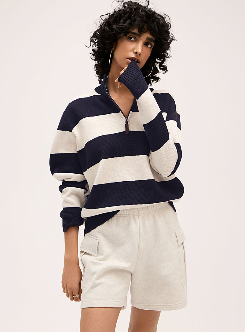 Twik Patterned Blue Wide-stripe zip-up mock-neck sweater for women