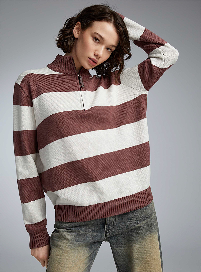 Twik Patterned Red Wide-stripe zip-up mock-neck sweater for women
