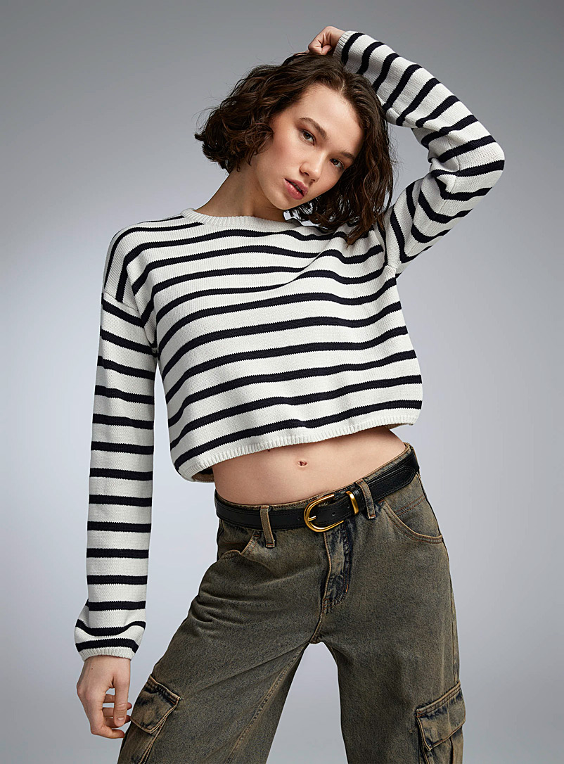 Twik White and black Striped cropped sweater for women