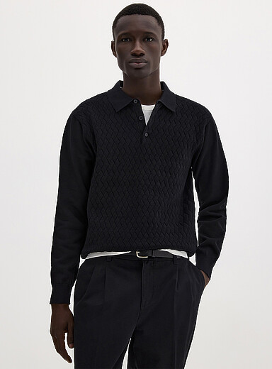 Le 31 Black Basketweave polo for men