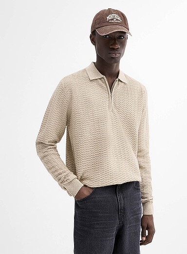 Le 31: Le polo tricot chevrons relief Blanc cass&eacute; pour homme