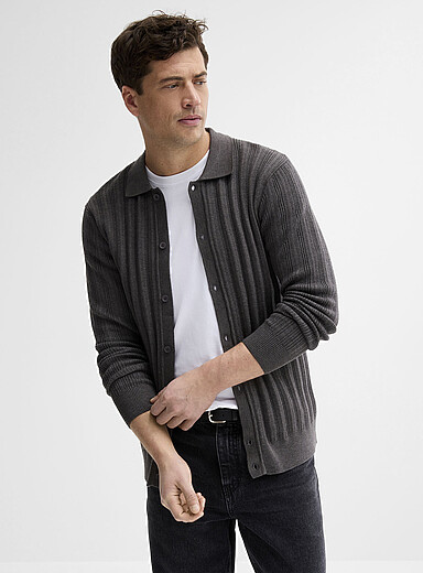 Le 31: Le cardigan col polo tricot rayures grav&eacute;es Charbon pour homme