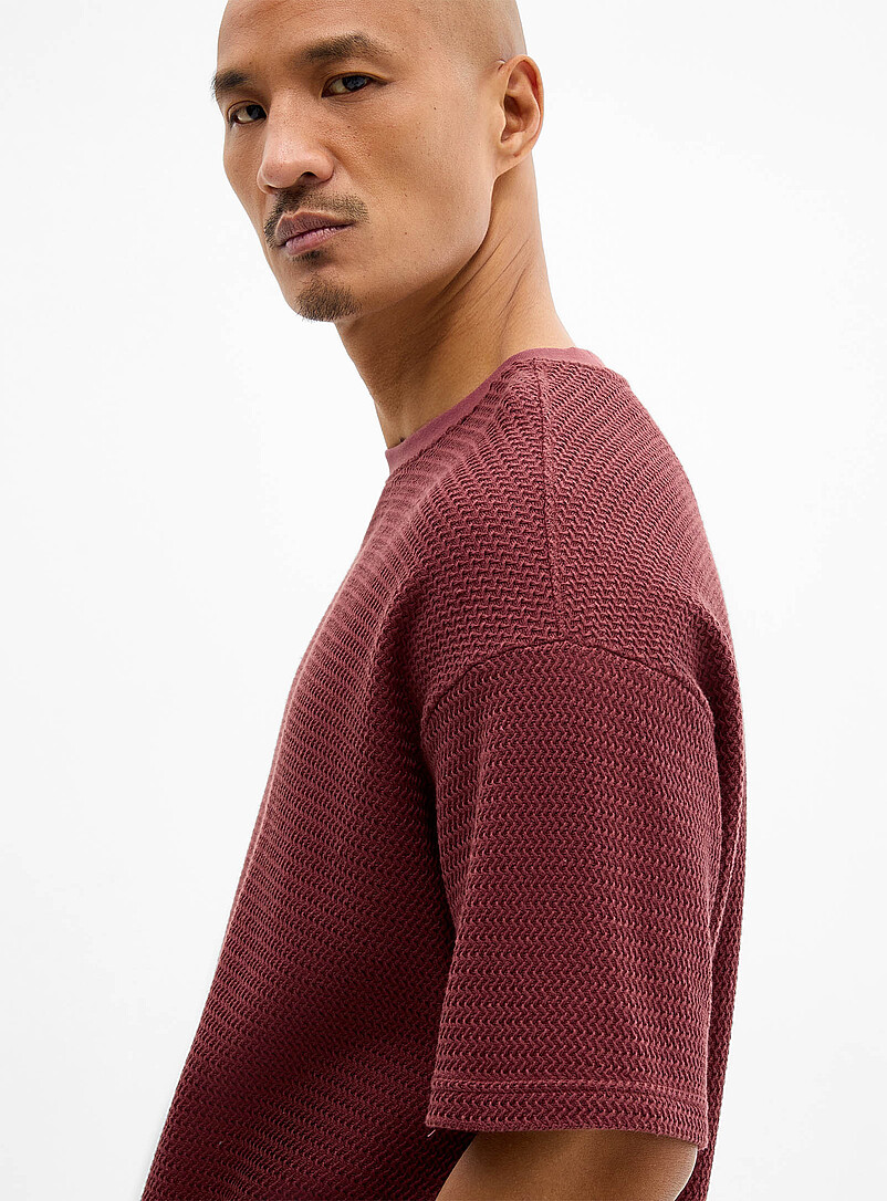 Le 31 Ivory/Cream Beige Herringbone textured knit T-shirt for men