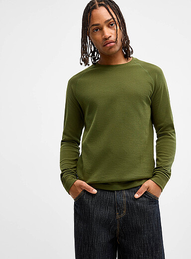 Djab: Le t-shirt manches longues raglan gaufr&eacute; Kaki - Sauge - Olive pour homme
