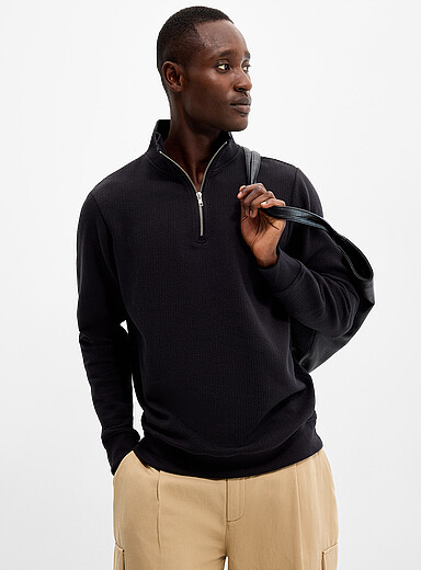 Le 31 Black Embossed geo zip-neck sweatshirt for men