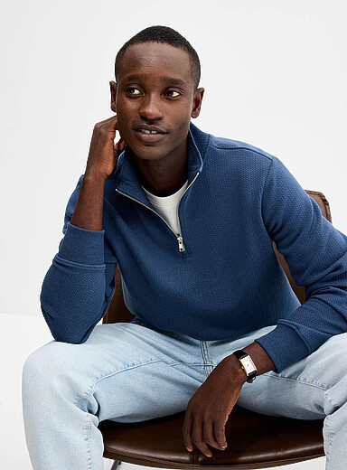 Le 31 Slate Blue Embossed geo zip-neck sweatshirt for men