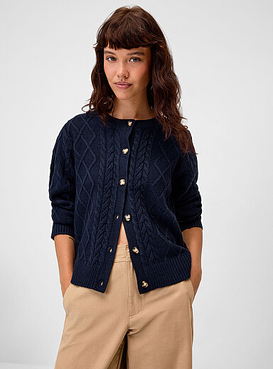 Marbled buttons cable-knit cardigan