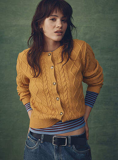 Twik Golden Yellow Marbled-button cable-knit cardigan for women
