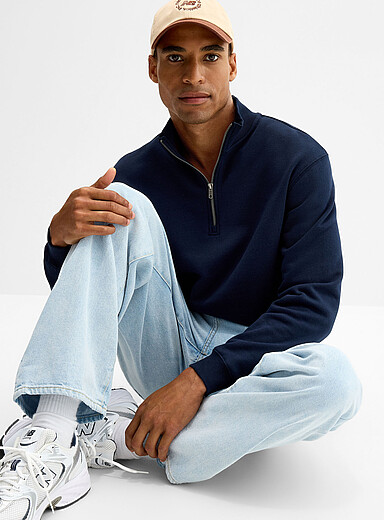 Le 31 Navy/Midnight Blue Soft knit zip-neck sweater for men