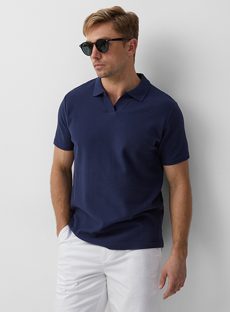 Le 31 Navy/Midnight Blue Johnny collar embossed polo for men