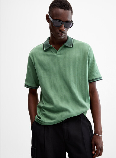 Le 31 Green Etched-stripe jersey Johnny collar polo for men