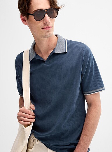 Le 31: Le polo col Johnny jersey rayures grav&eacute;es Bleu marine - Bleu nuit pour homme