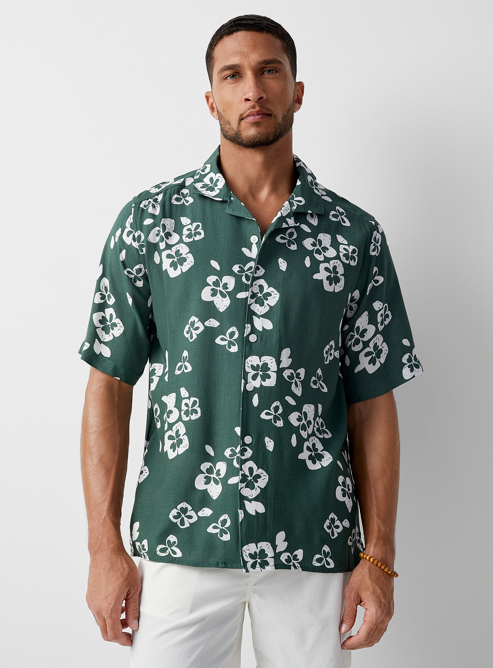 Le 31 Exotic Flower Camp Shirt Comfort Fit In Green