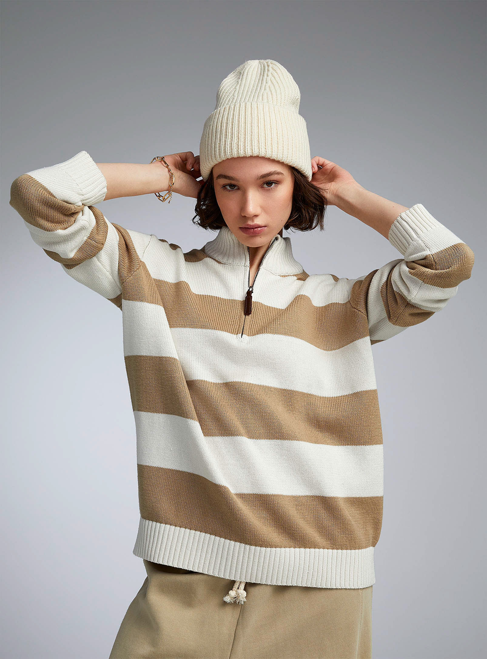 Twik Wide Stripes Zippered Mock-neck Sweater In Patterned White