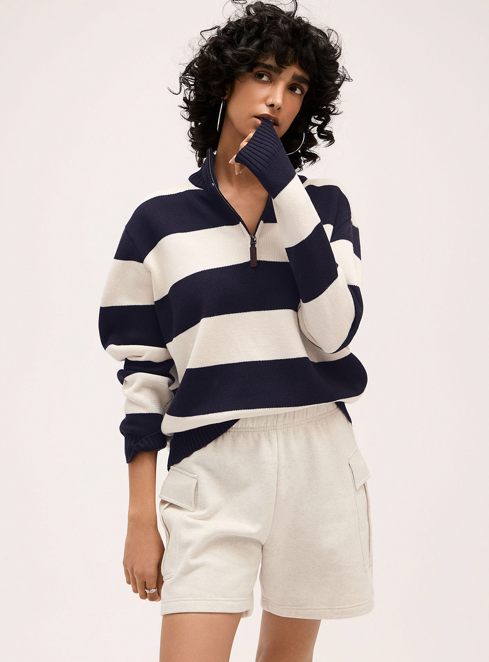 Twik Wide Stripes Zippered Mock-neck Sweater In Patterned Blue
