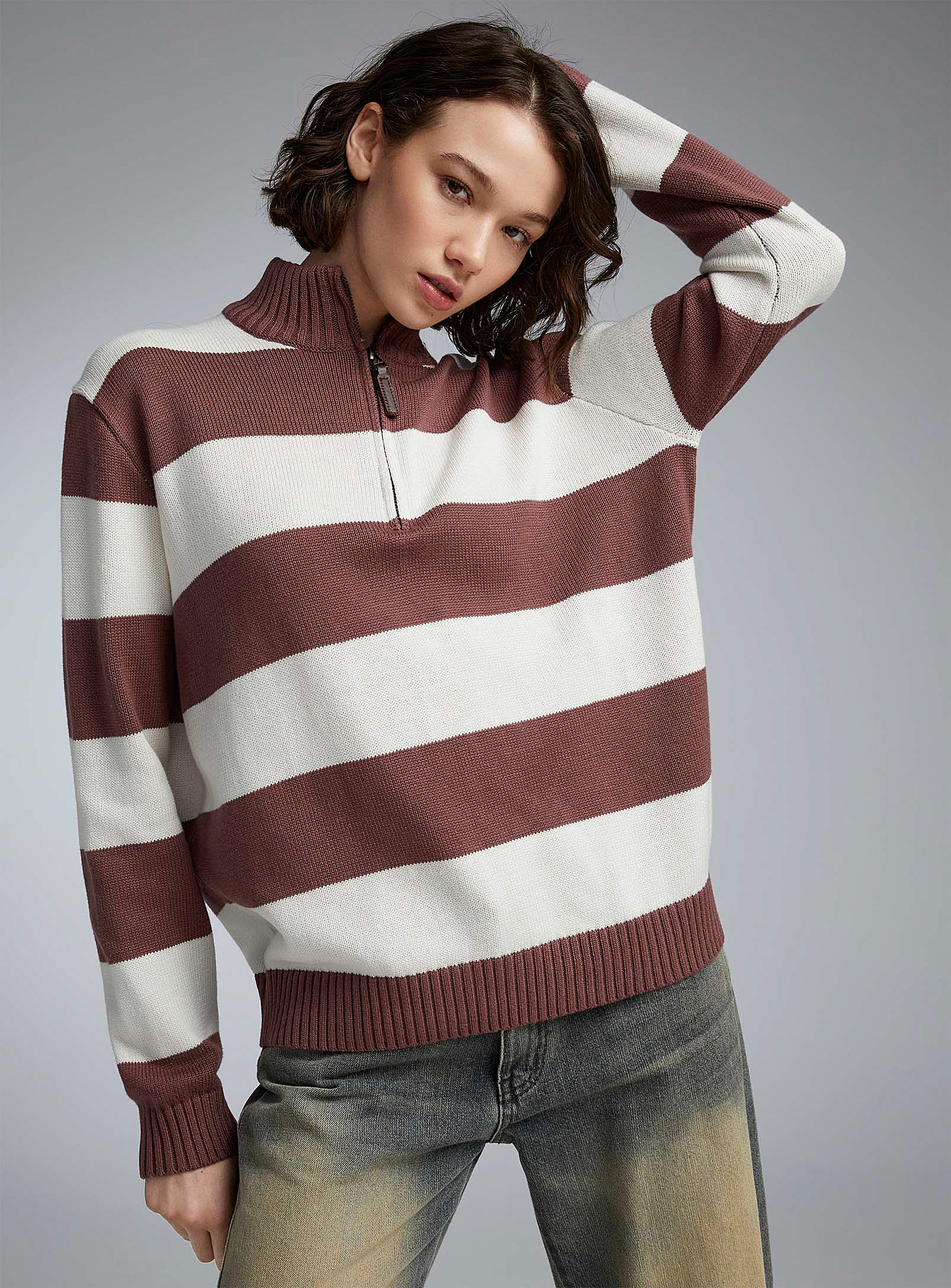 Twik Wide Stripes Zippered Mock-neck Sweater In Patterned Red