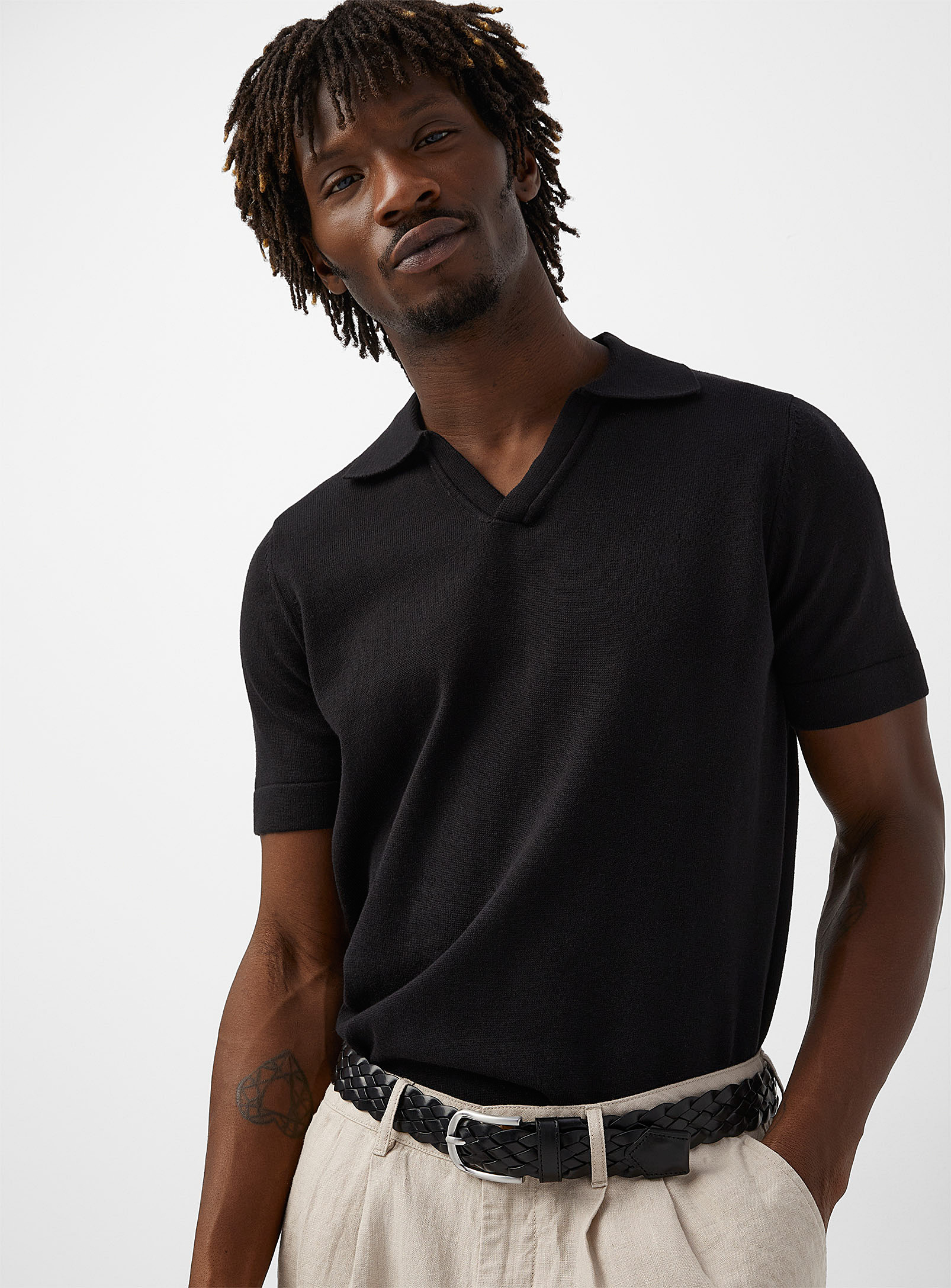 Rumors Heathered Knit Polo In Black