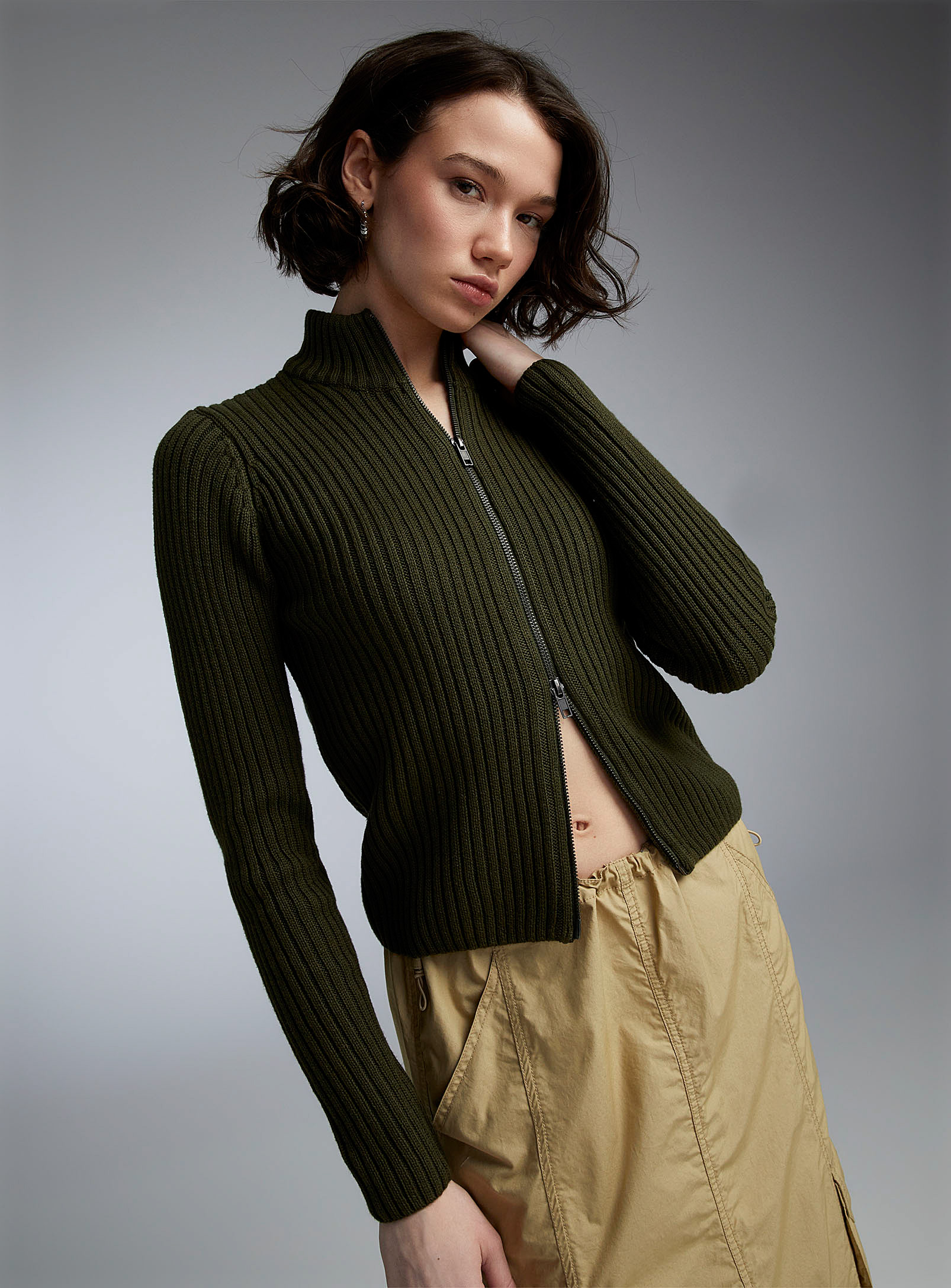 Twik Ribbed And Zippered Mock-neck Cardigan In Mossy Green