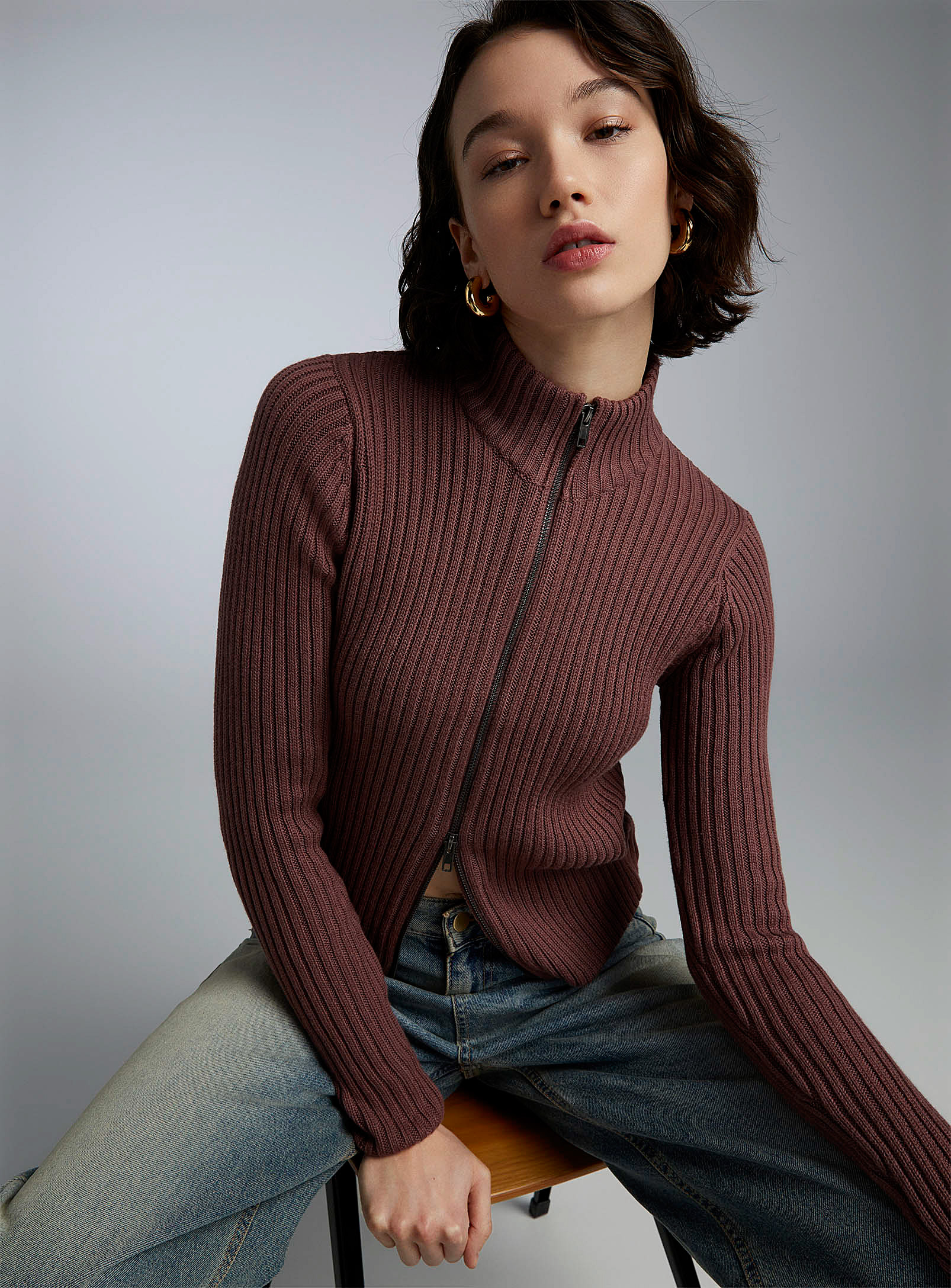 Twik Ribbed And Zippered Mock-neck Cardigan In Dusky Pink