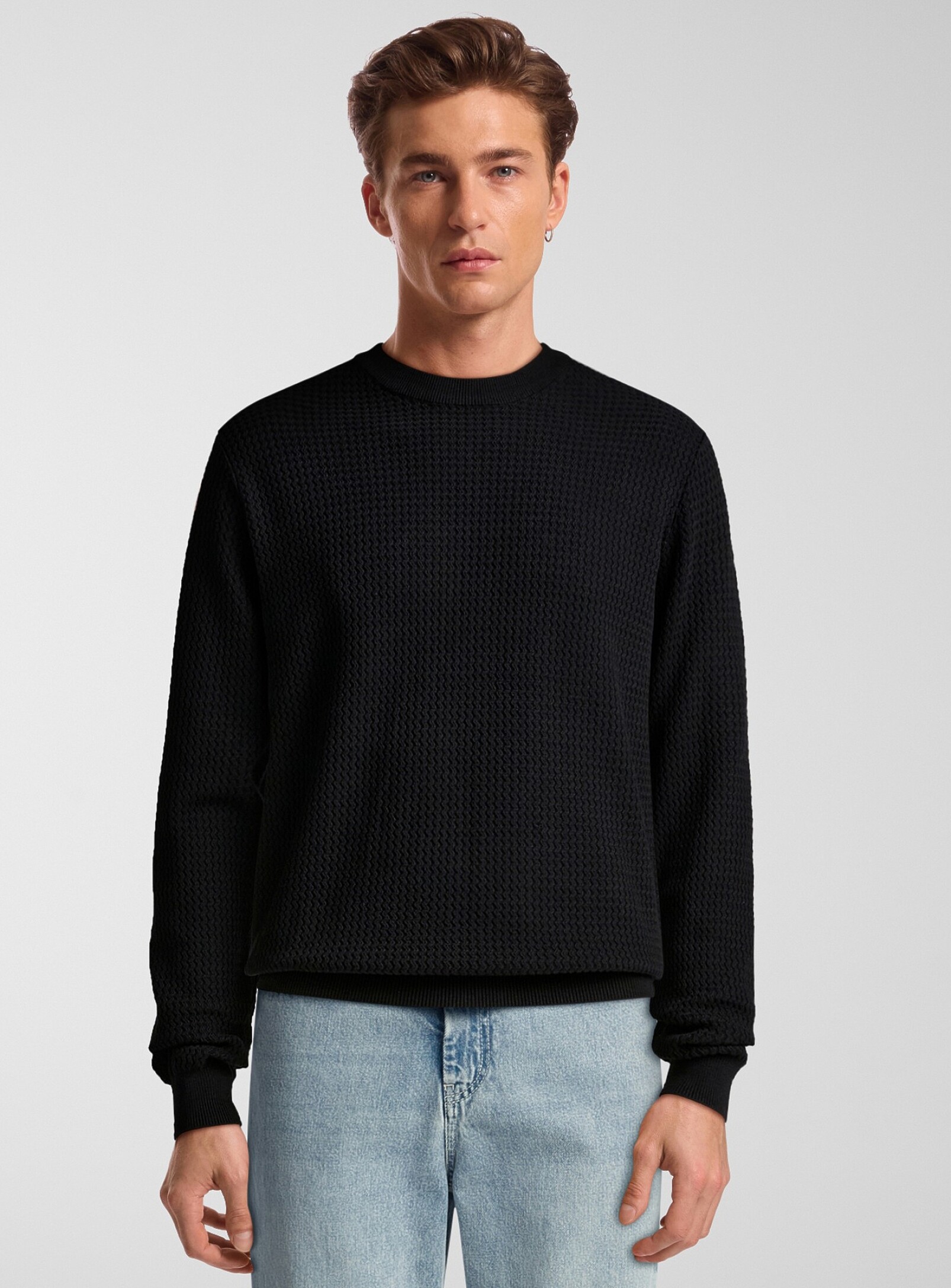 Le 31 - Embossed wave knit sweater (Men, Black, MEDIUM)