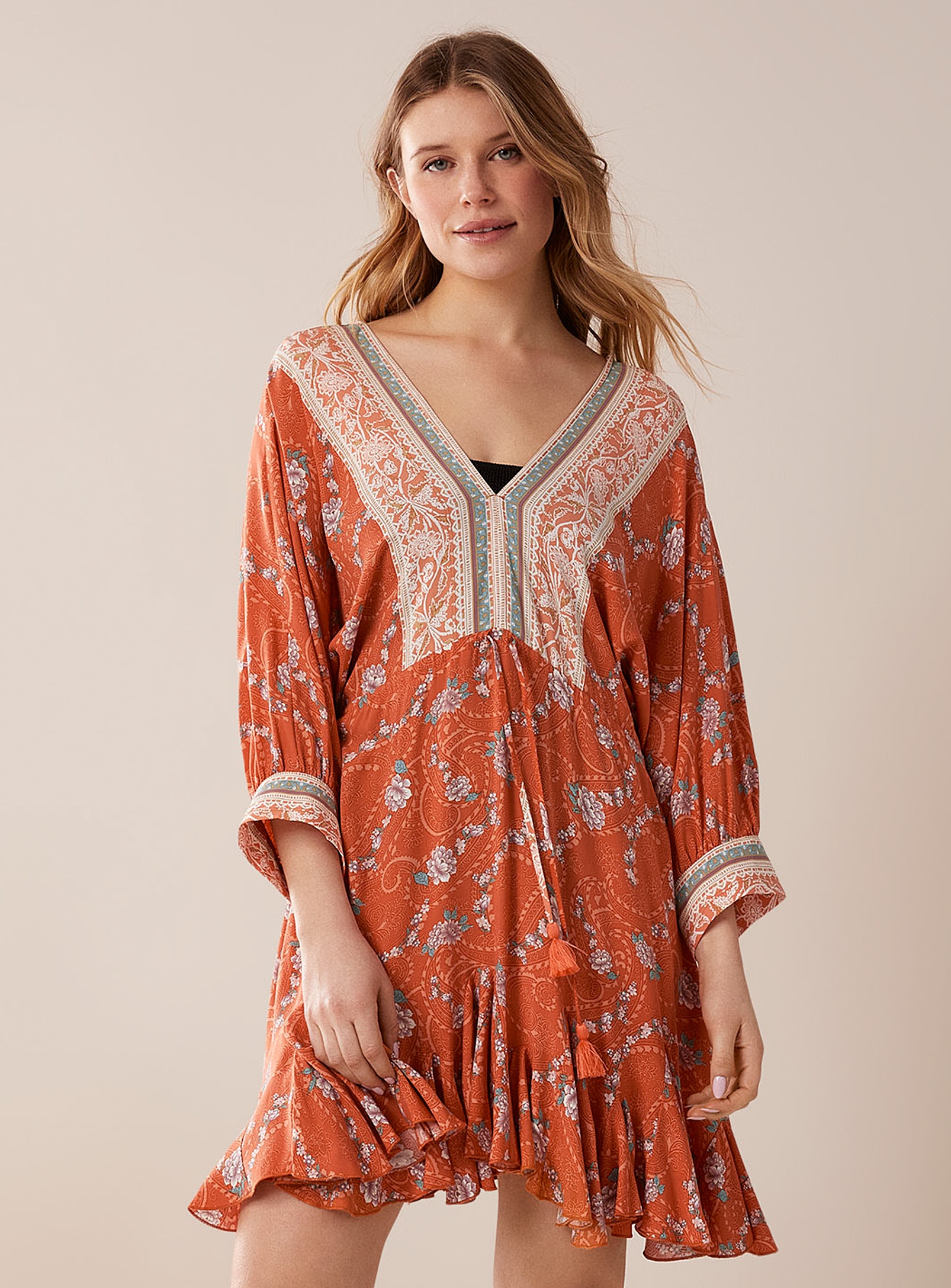 Aakaa Floral Embellishment Dress In Patterned Orange