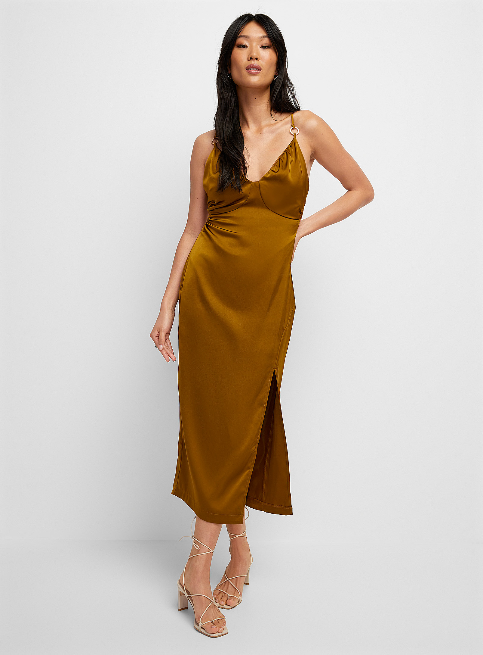 Icone Open-back Satiny Dress In Golden Yellow