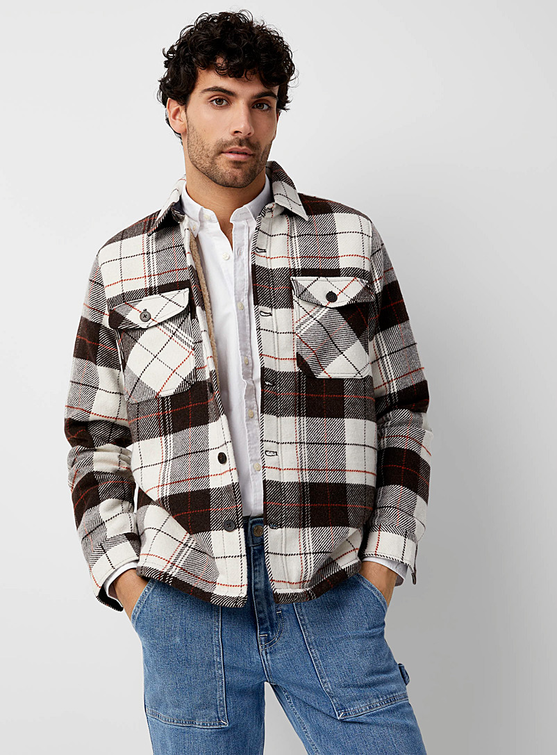 Frank And Oak Patterned white Sherpa-lined check overshirt for men
