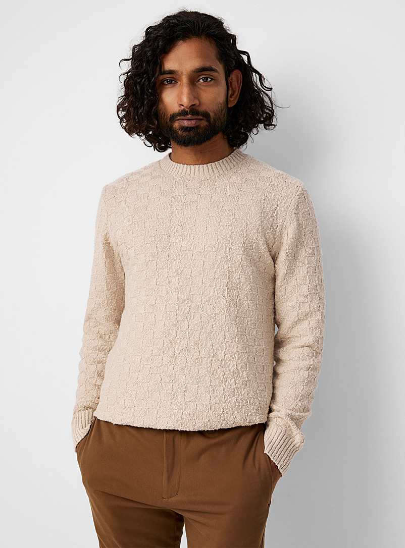 Frank And Oak Ivory/Cream Beige Basketweave knit sweater for men