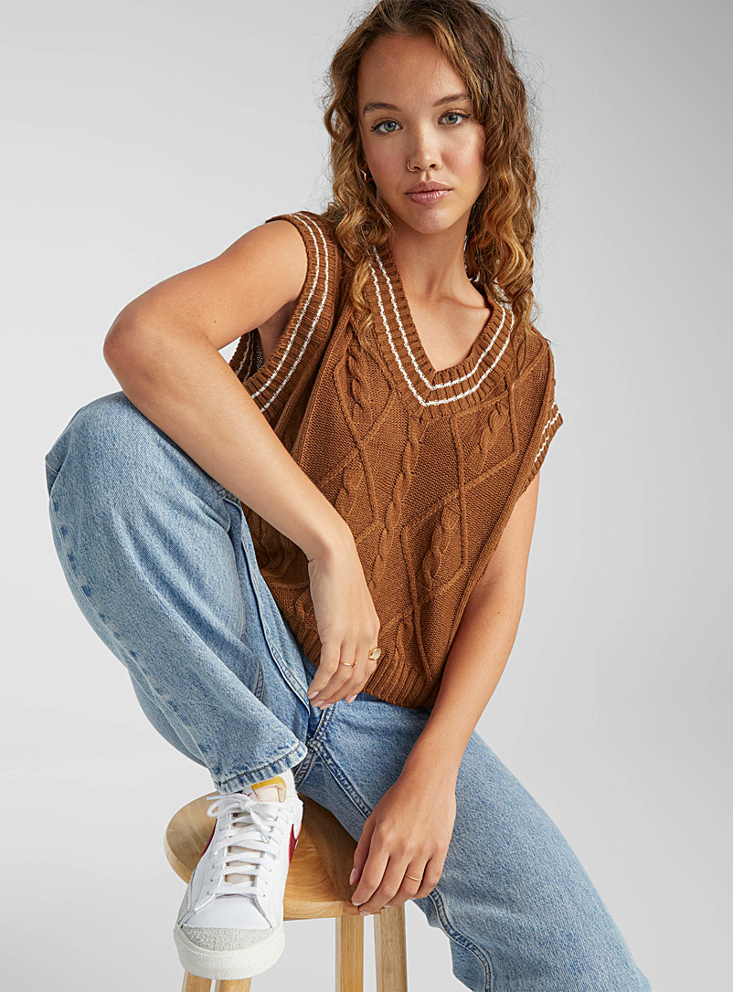 Twik Brown V-neck cable sweater vest for women