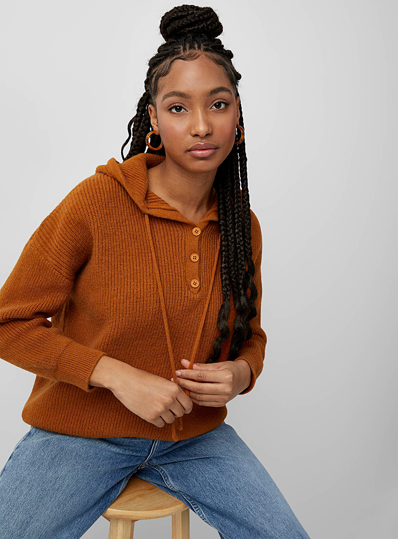 Twik Dark Orange Henley hooded sweater for women