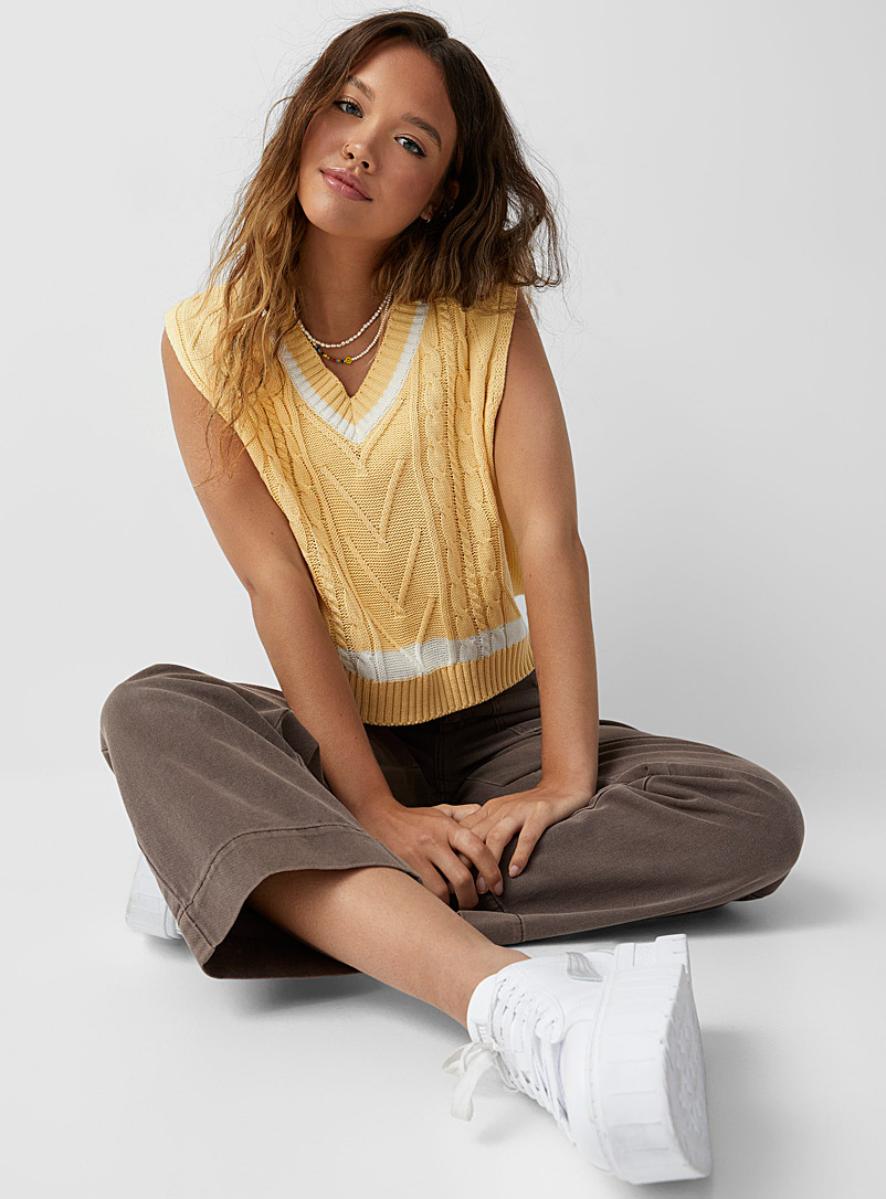 Twik Light Yellow Striped V-Neck cable-knit sweater vest for women