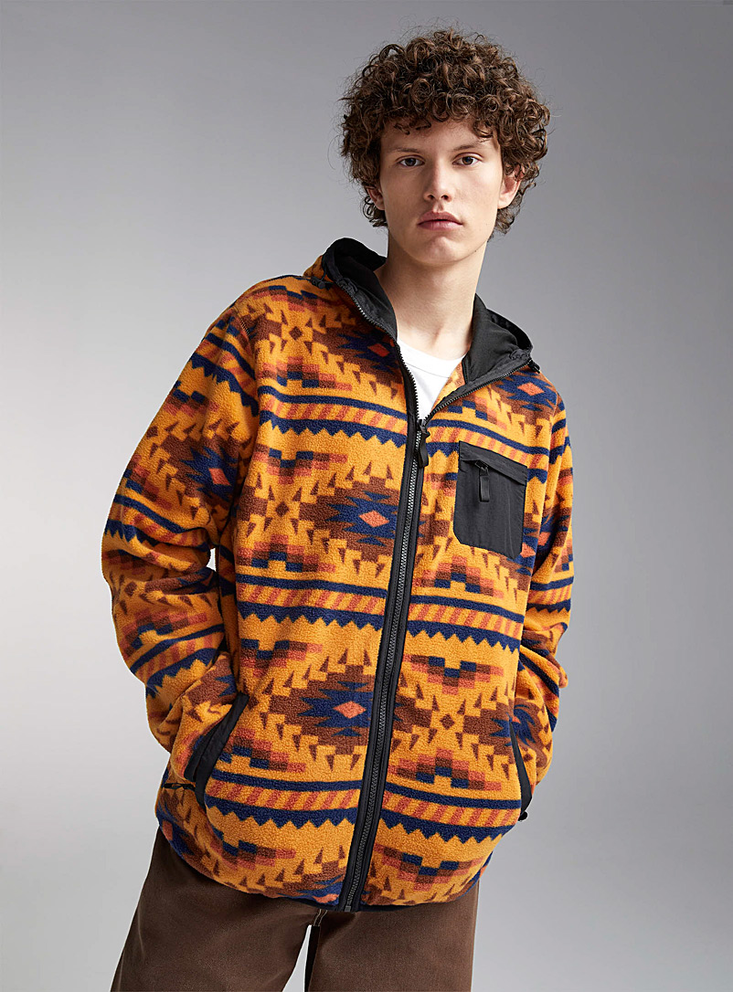 Djab Patterned Brown Geometric polar fleece zip hoodie for men