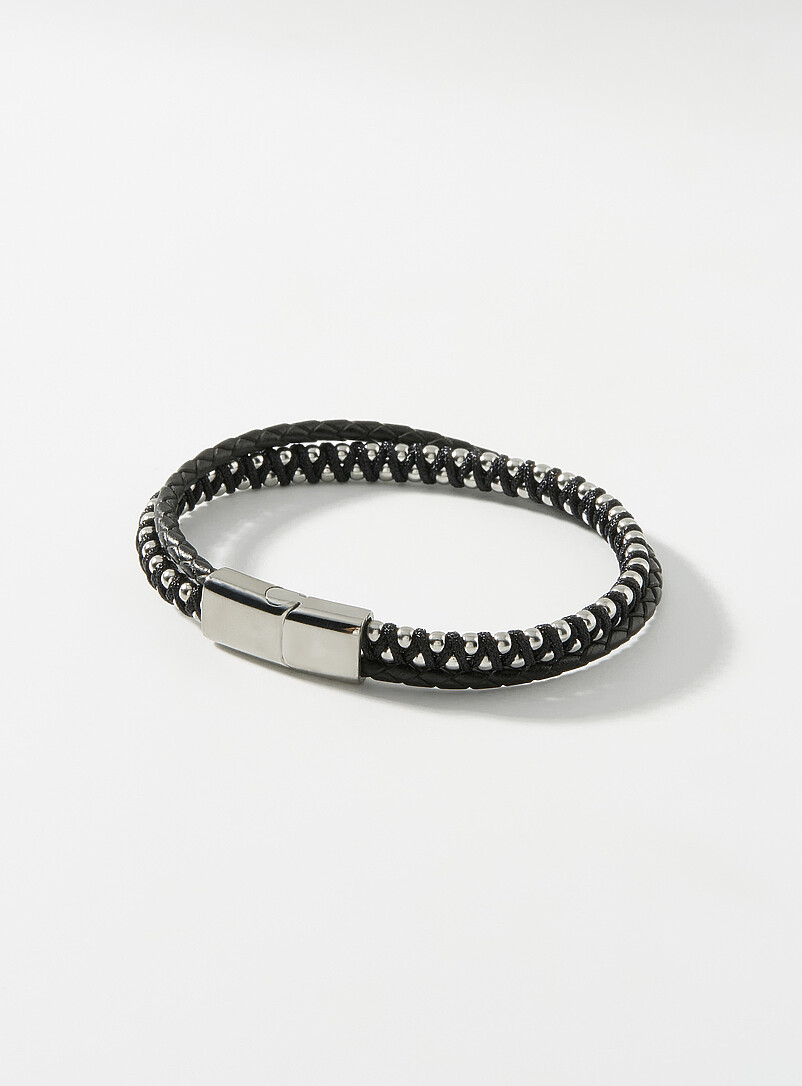 TT Black Leather And Stainless Steel Magnetic Bead Buckle Collar Necklace With Bracelet Set