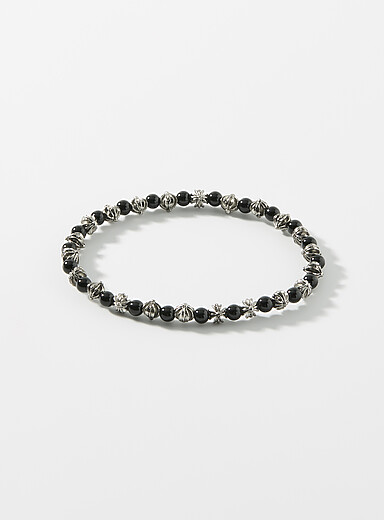 Black bead and grooved cross bracelet