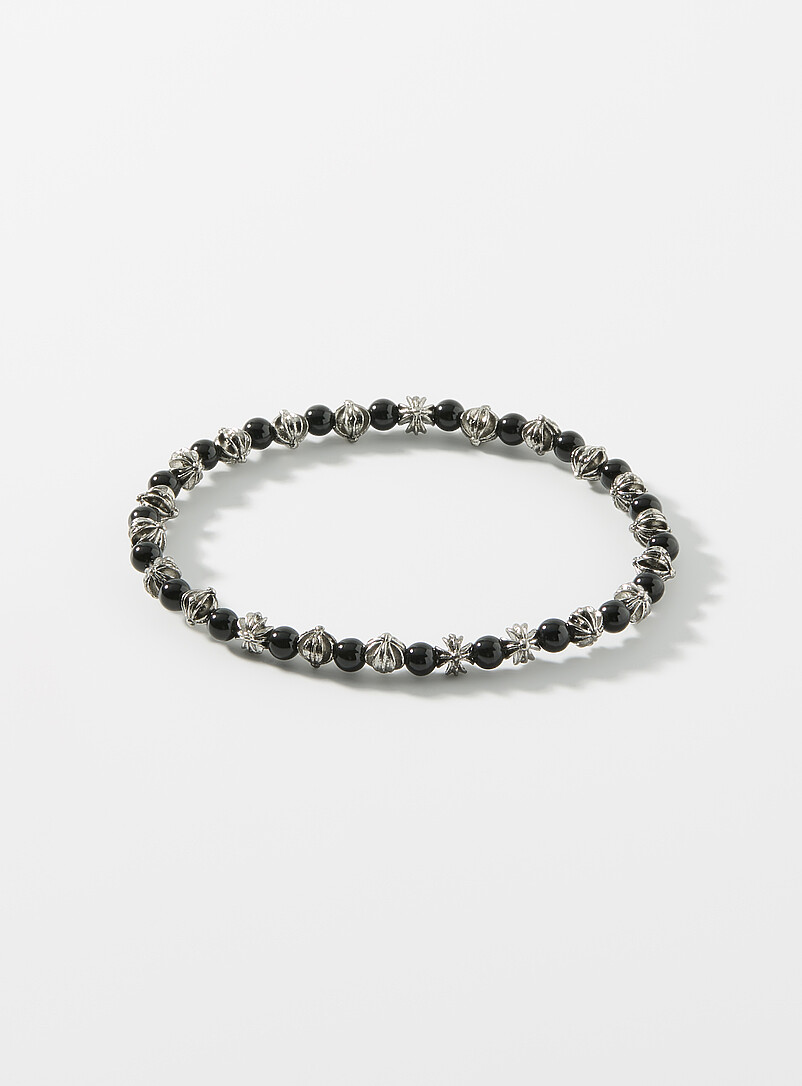 Black Bead And Grooved Cross Bracelet