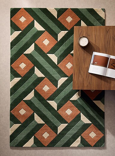 Simons Maison: Le tapis artisanal pure laine g&eacute;om&eacute;trie captivante Voir nos formats offerts Vert &agrave; motifs