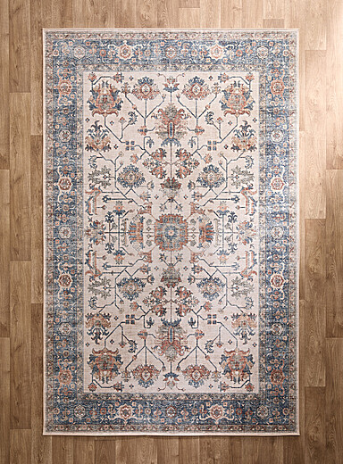 Simons Maison: Le tapis fresque g&eacute;om&eacute;trique florale bleue Voir nos formats offerts Bleu &agrave; motifs