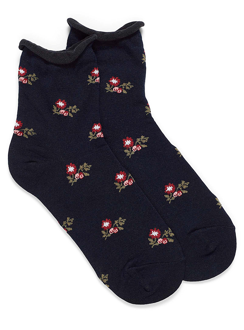 Simons: La chaussette courte petites fleurs Marine pour femme
