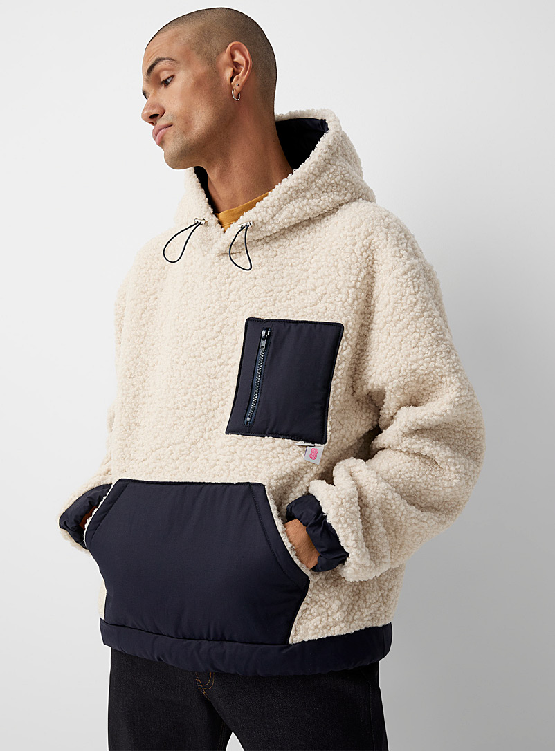 Le 31 Ivory White Nylon insert sherpa hoodie for men