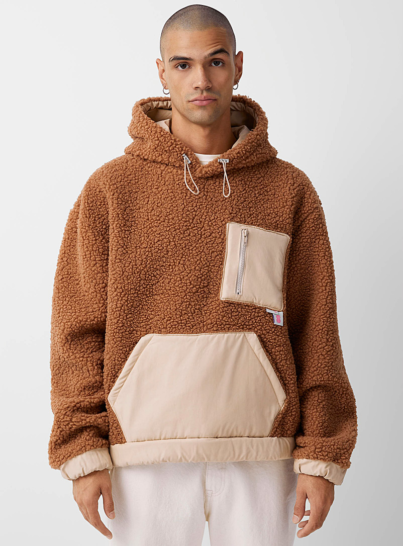 Le 31 Brown Nylon insert sherpa hoodie for men