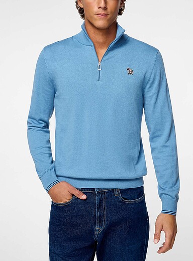 PS Paul Smith Baby Blue Contrast-trim cuffs zip-neck sweater for men