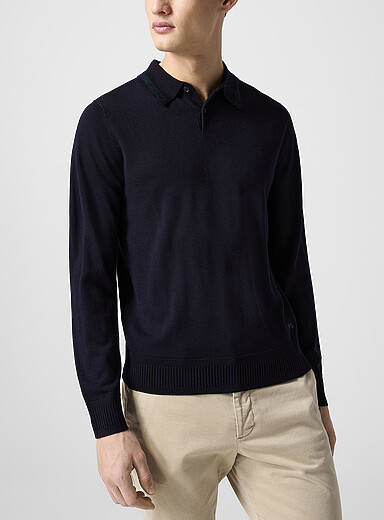 PS Paul Smith: Le polo m&eacute;rinos col ray&eacute; Bleu marine - Bleu nuit pour homme