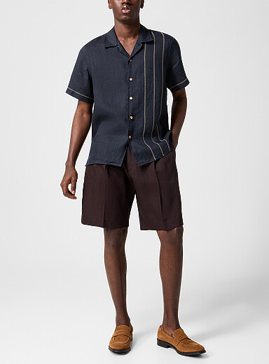 Cross-stitched pure linen cabana shirt