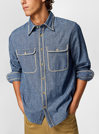 PS Paul Smith Blue Embroidered trim chambray shirt for men